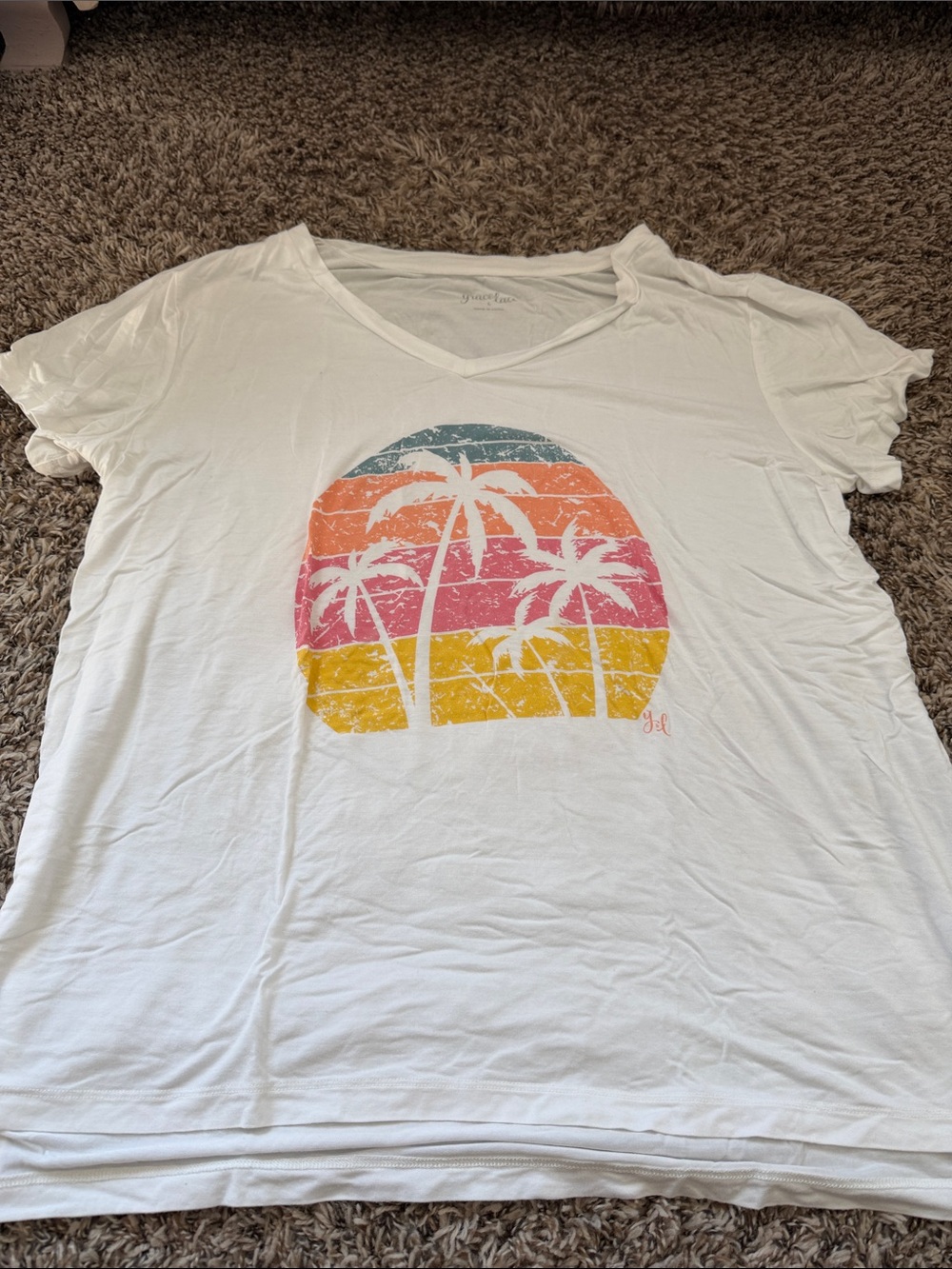 Grace & Lace White V-Neck Tee with Multicolor Palm Sunset Graphic